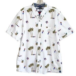 Buttoned Up Mens Shirt Size L Short Sleeves American Beach Print Red Blue